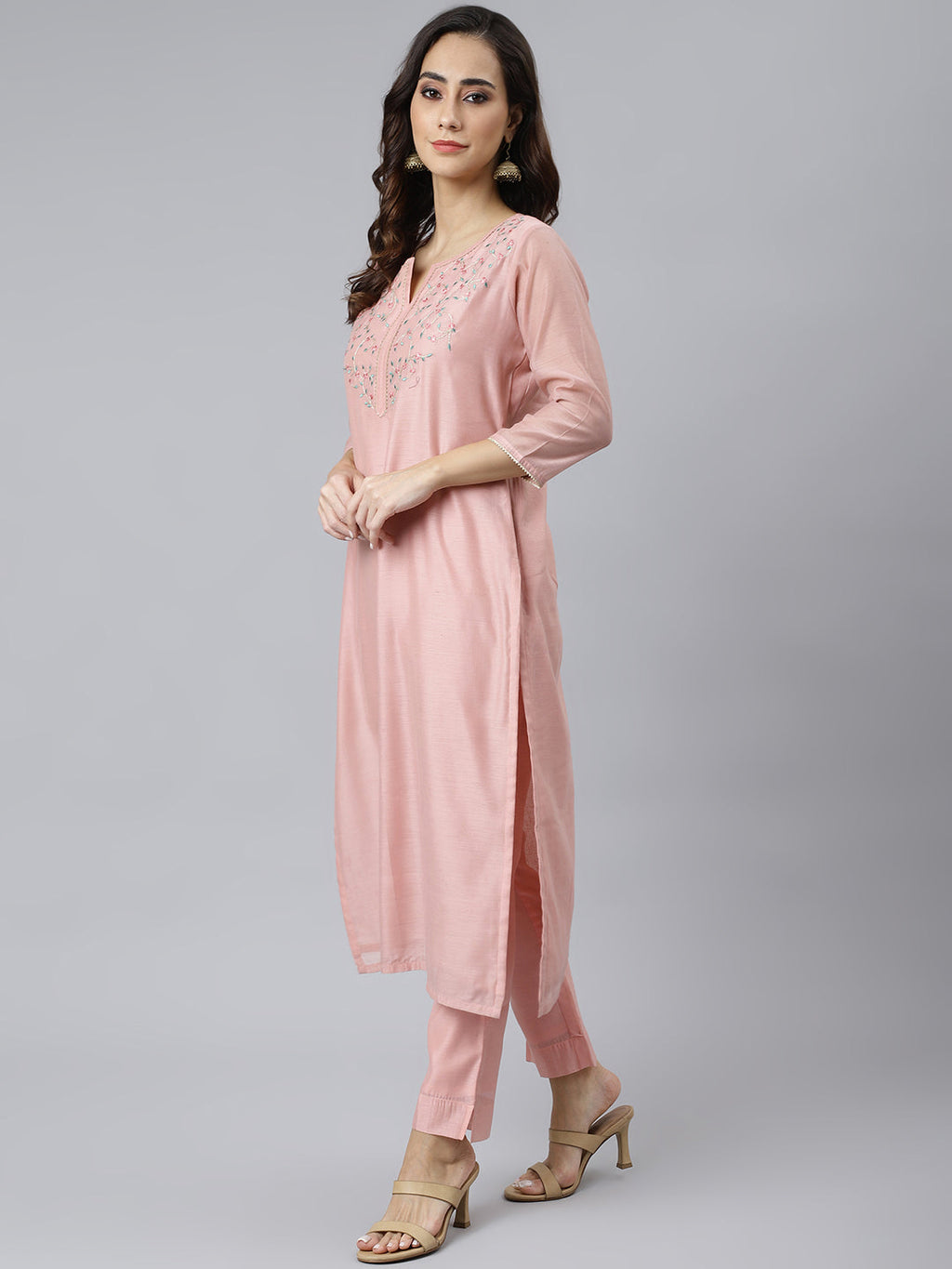 Janasya Women's Baby Pink Poly Silk Solid Kurta With Pant And Dupatta | Grocsy