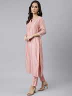 Janasya Women's Baby Pink Poly Silk Solid Kurta With Pant And Dupatta | Grocsy