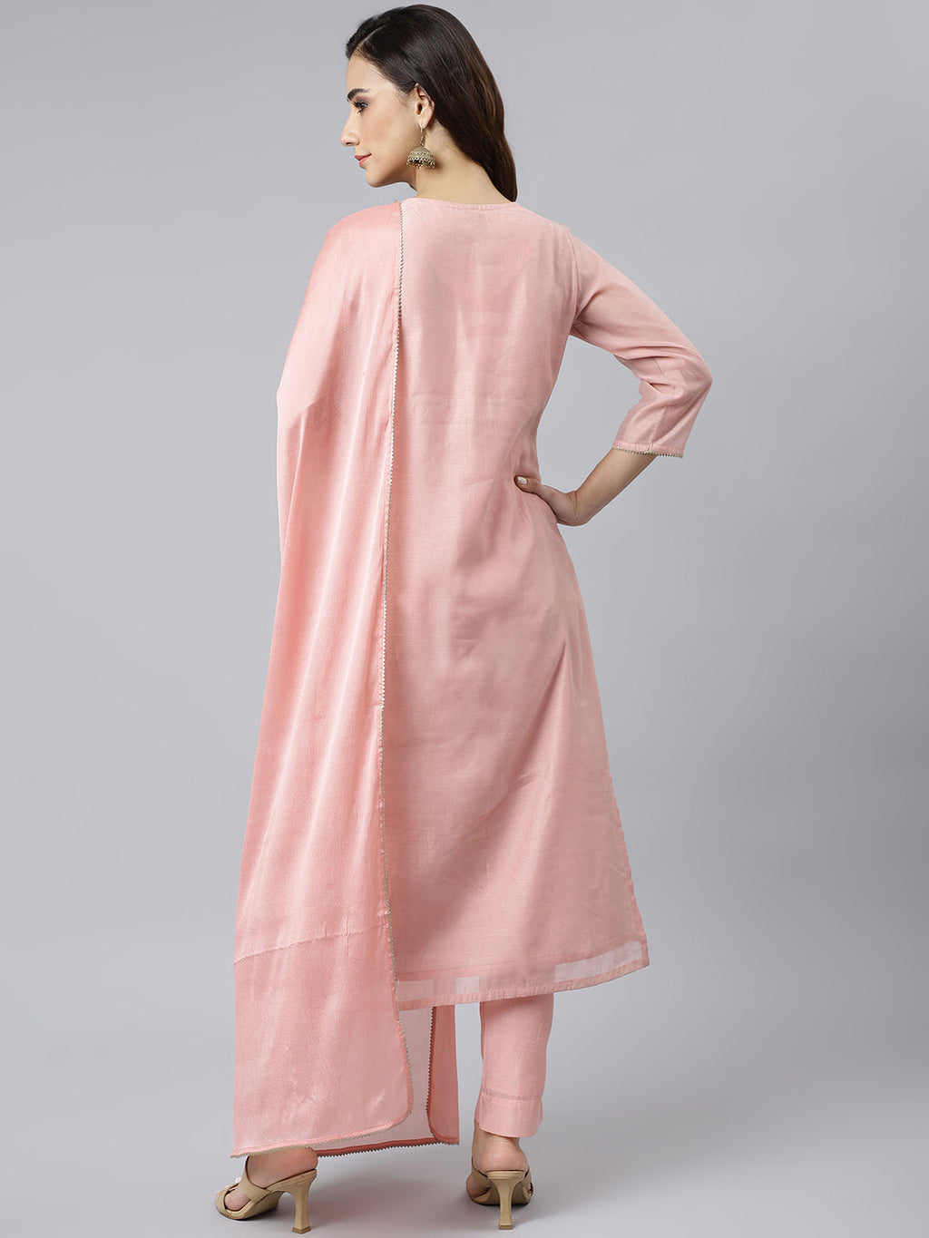 Janasya Women's Baby Pink Poly Silk Solid Kurta With Pant And Dupatta | Grocsy