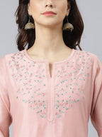 Janasya Women's Baby Pink Poly Silk Solid Kurta With Pant And Dupatta | Grocsy