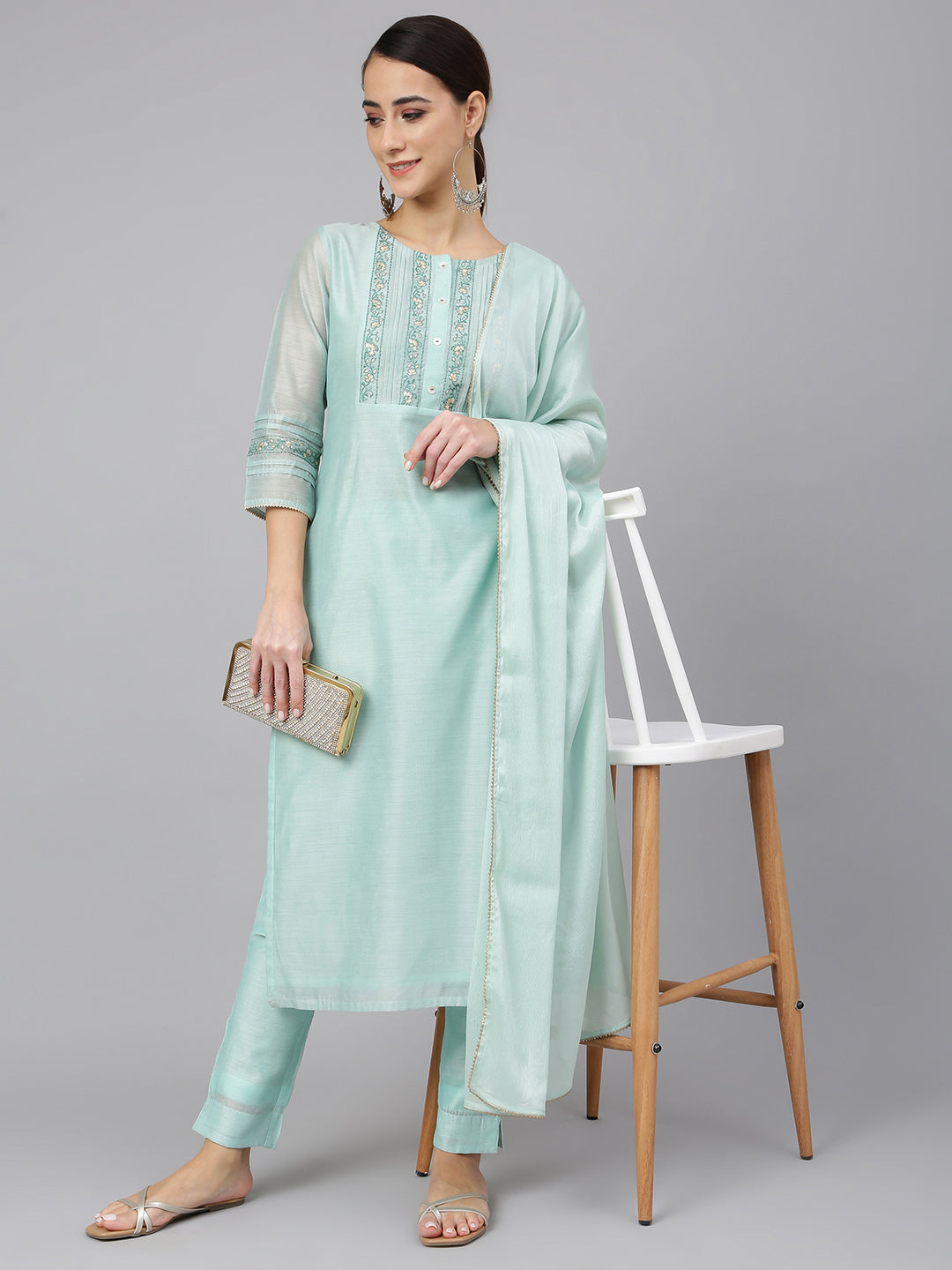 Janasya Women's Sea Blue Chanderi Silk Solid Kurta With Pant And Dupatta | Grocsy