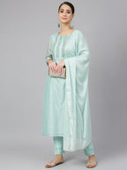 Janasya Women's Sea Blue Chanderi Silk Solid Kurta With Pant And Dupatta | Grocsy