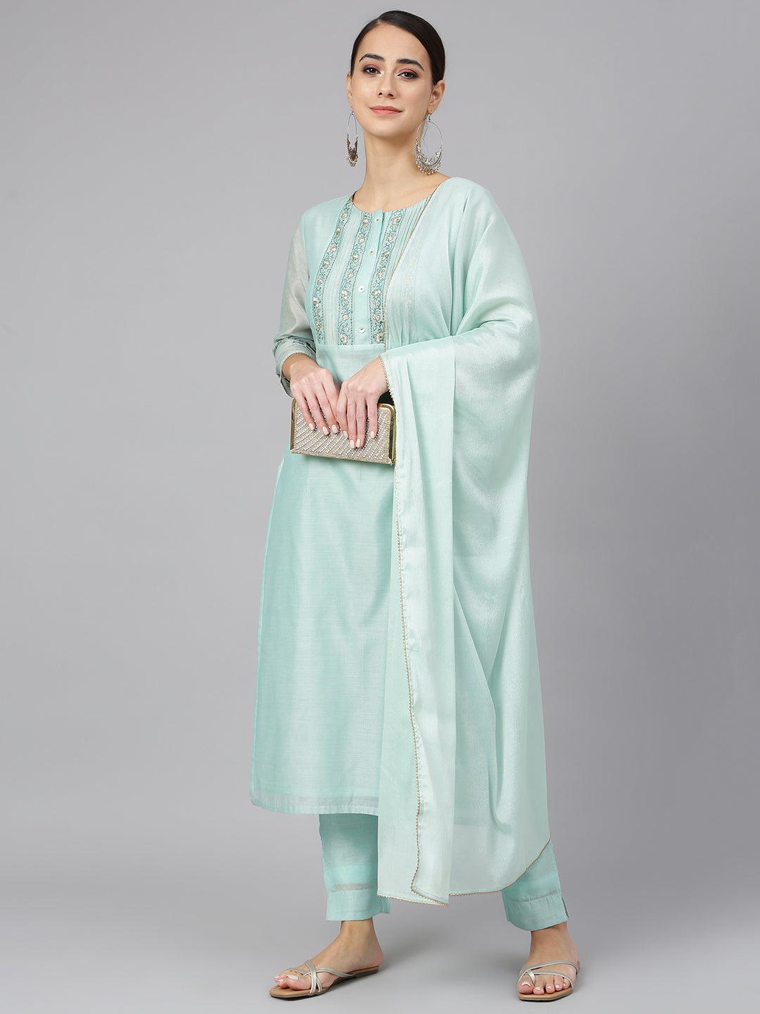Janasya Women's Sea Blue Chanderi Silk Solid Kurta With Pant And Dupatta | Grocsy