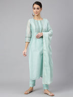Janasya Women's Sea Blue Chanderi Silk Solid Kurta With Pant And Dupatta | Grocsy