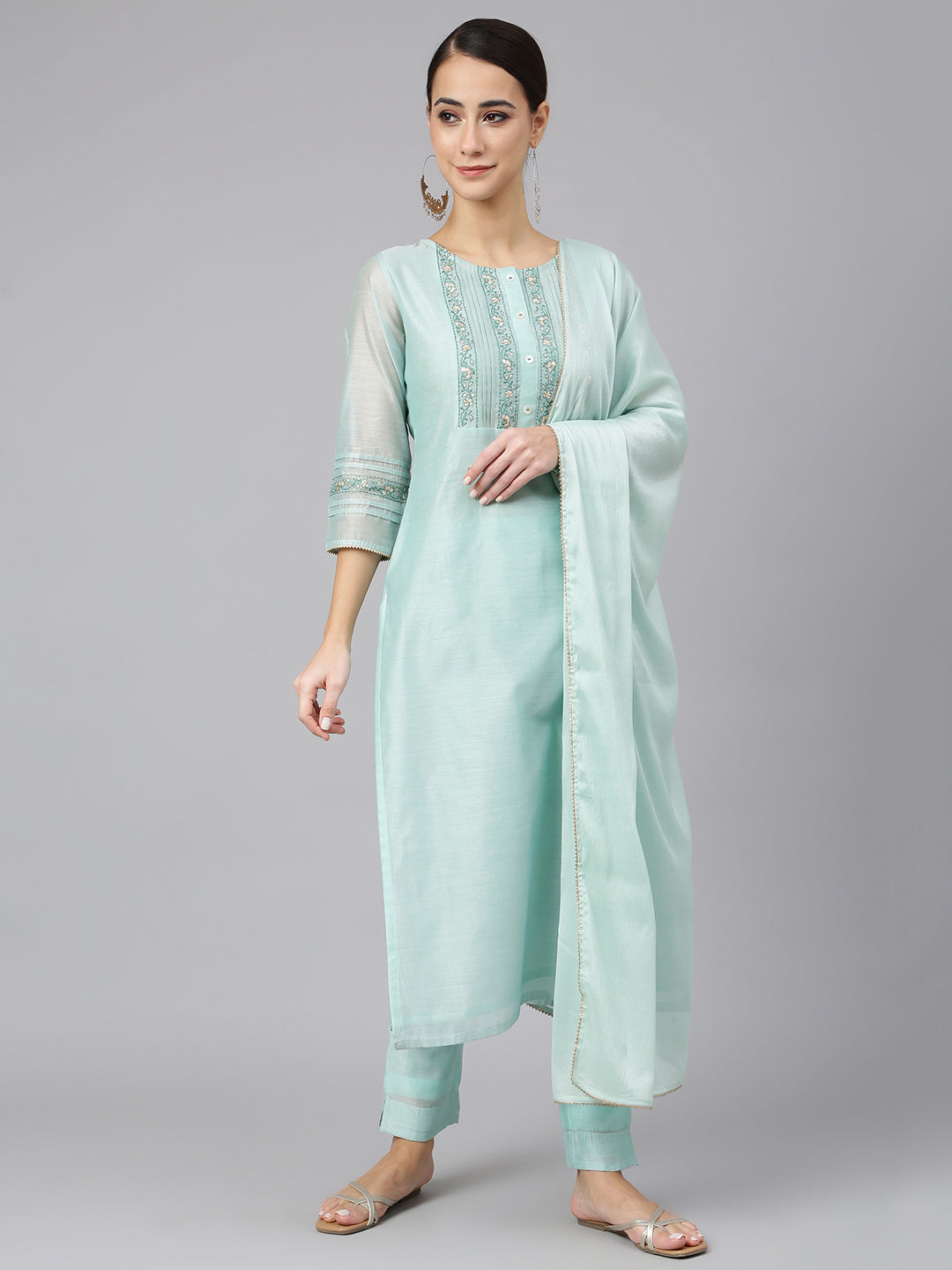 Janasya Women's Sea Blue Chanderi Silk Solid Kurta With Pant And Dupatta | Grocsy