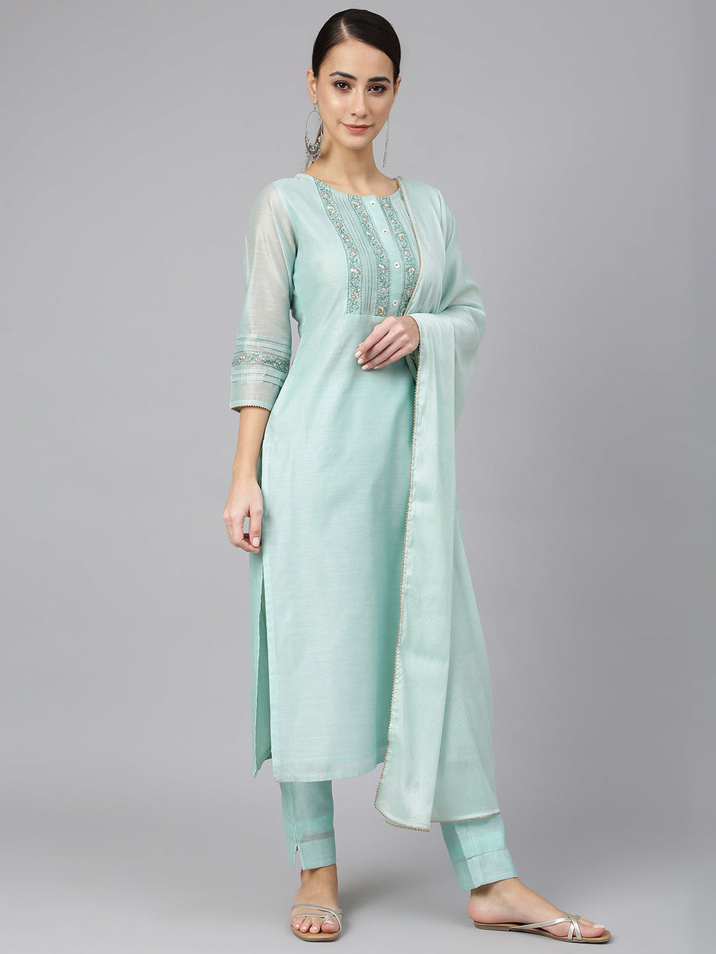 Janasya Women's Sea Blue Chanderi Silk Solid Kurta With Pant And Dupatta | Grocsy