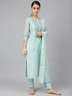 Janasya Women's Sea Blue Chanderi Silk Solid Kurta With Pant And Dupatta | Grocsy