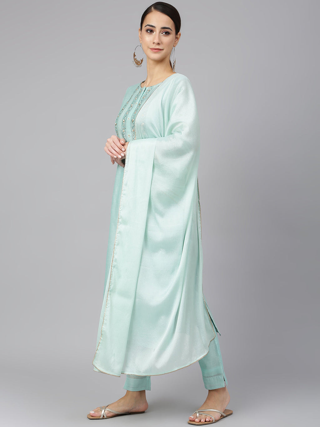 Janasya Women's Sea Blue Chanderi Silk Solid Kurta With Pant And Dupatta | Grocsy