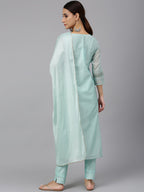 Janasya Women's Sea Blue Chanderi Silk Solid Kurta With Pant And Dupatta | Grocsy
