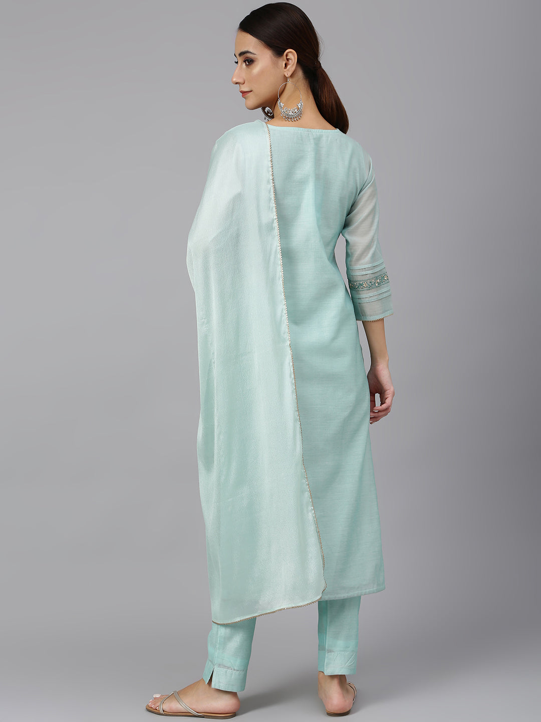 Janasya Women's Sea Blue Chanderi Silk Solid Kurta With Pant And Dupatta | Grocsy