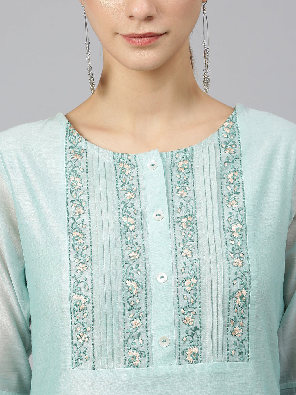 Janasya Women's Sea Blue Chanderi Silk Solid Kurta With Pant And Dupatta | Grocsy