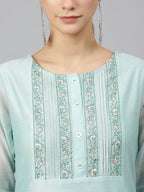 Janasya Women's Sea Blue Chanderi Silk Solid Kurta With Pant And Dupatta | Grocsy