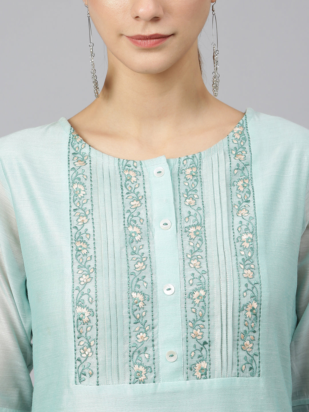 Janasya Women's Sea Blue Chanderi Silk Solid Kurta With Pant And Dupatta | Grocsy