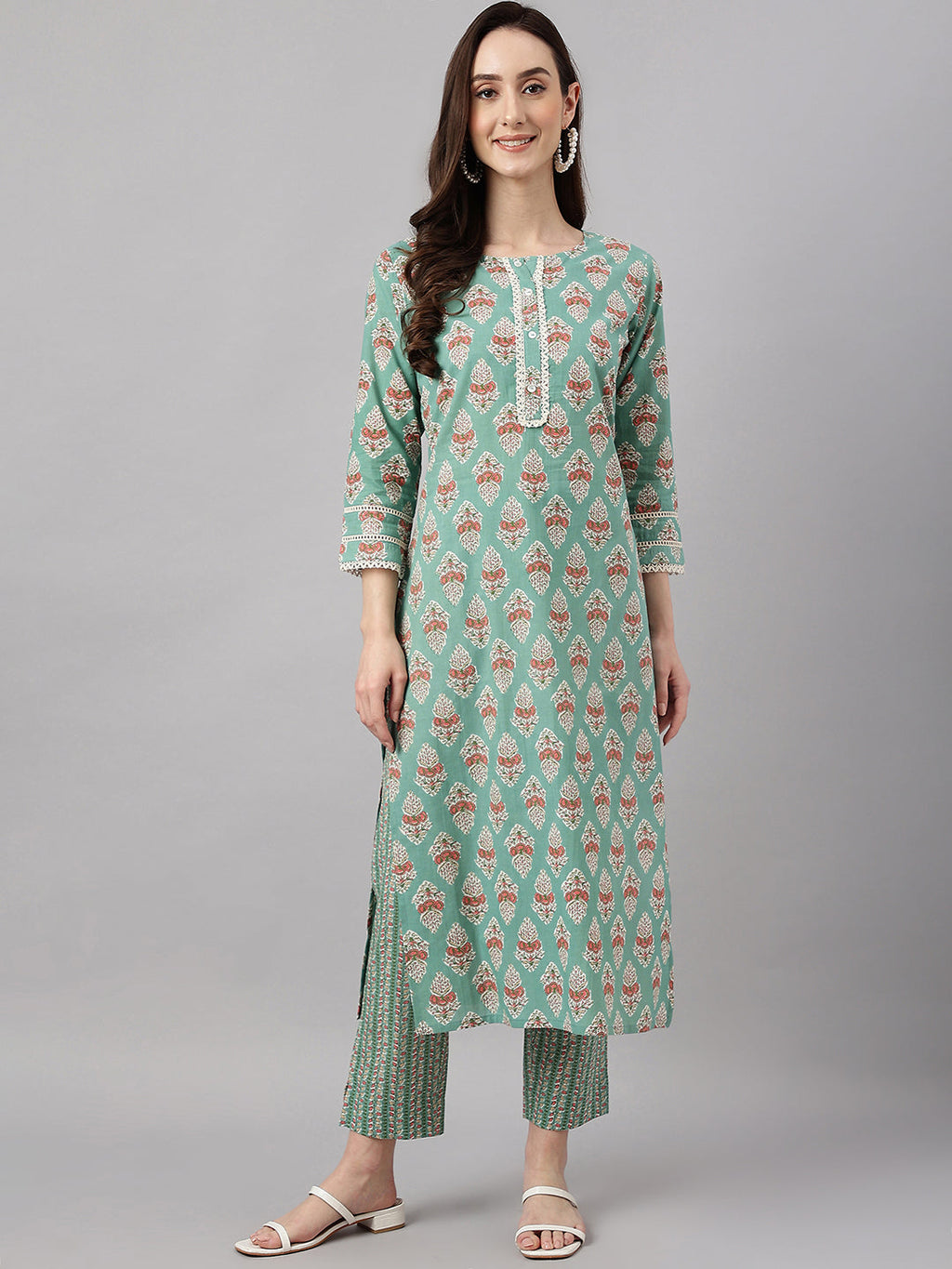 Janasya Women's Mint Green Cotton Floral Printed Straight Casual Kurta Set | Grocsy