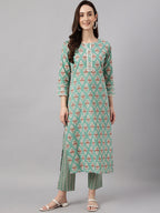 Janasya Women's Mint Green Cotton Floral Printed Straight Casual Kurta Set | Grocsy