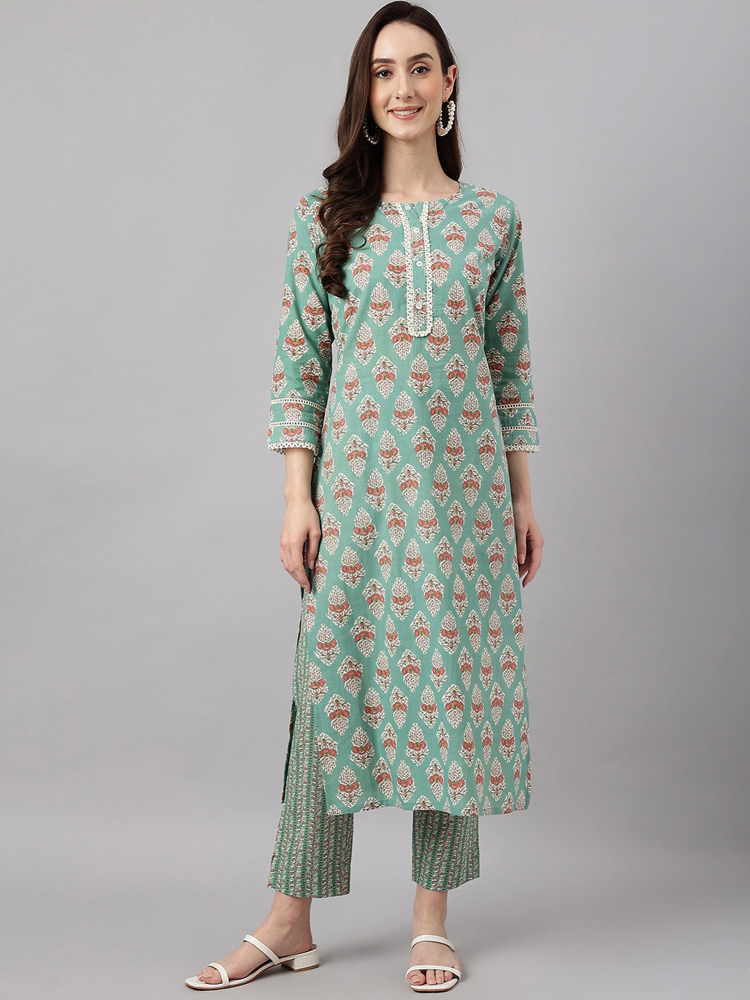 Janasya Women's Mint Green Cotton Floral Printed Straight Casual Kurta Set | Grocsy
