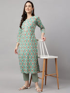 Janasya Women's Mint Green Cotton Floral Printed Straight Casual Kurta Set | Grocsy