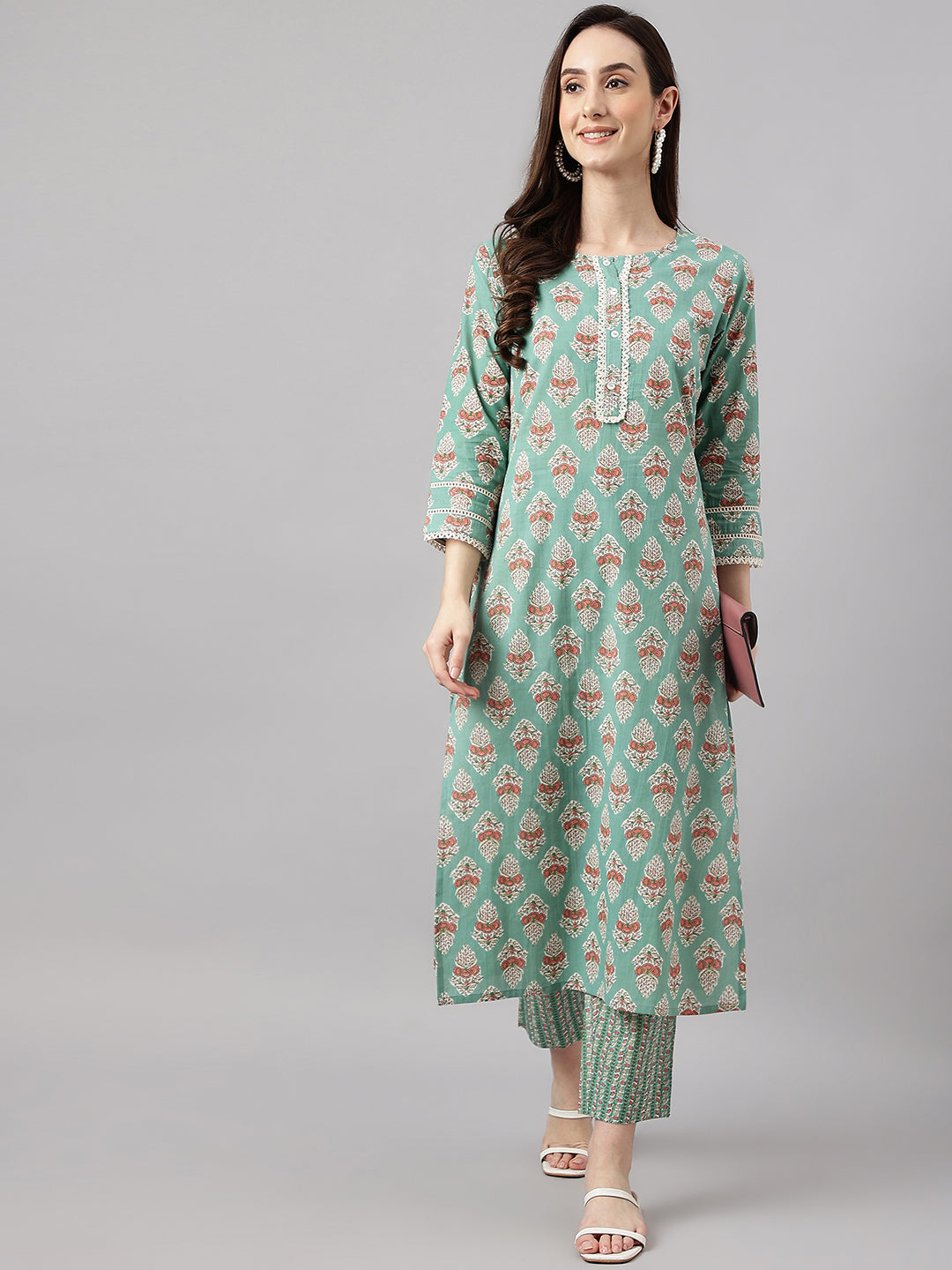 Janasya Women's Mint Green Cotton Floral Printed Straight Casual Kurta Set | Grocsy