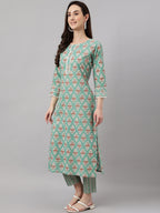 Janasya Women's Mint Green Cotton Floral Printed Straight Casual Kurta Set | Grocsy