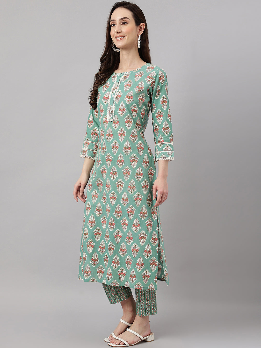 Janasya Women's Mint Green Cotton Floral Printed Straight Casual Kurta Set | Grocsy