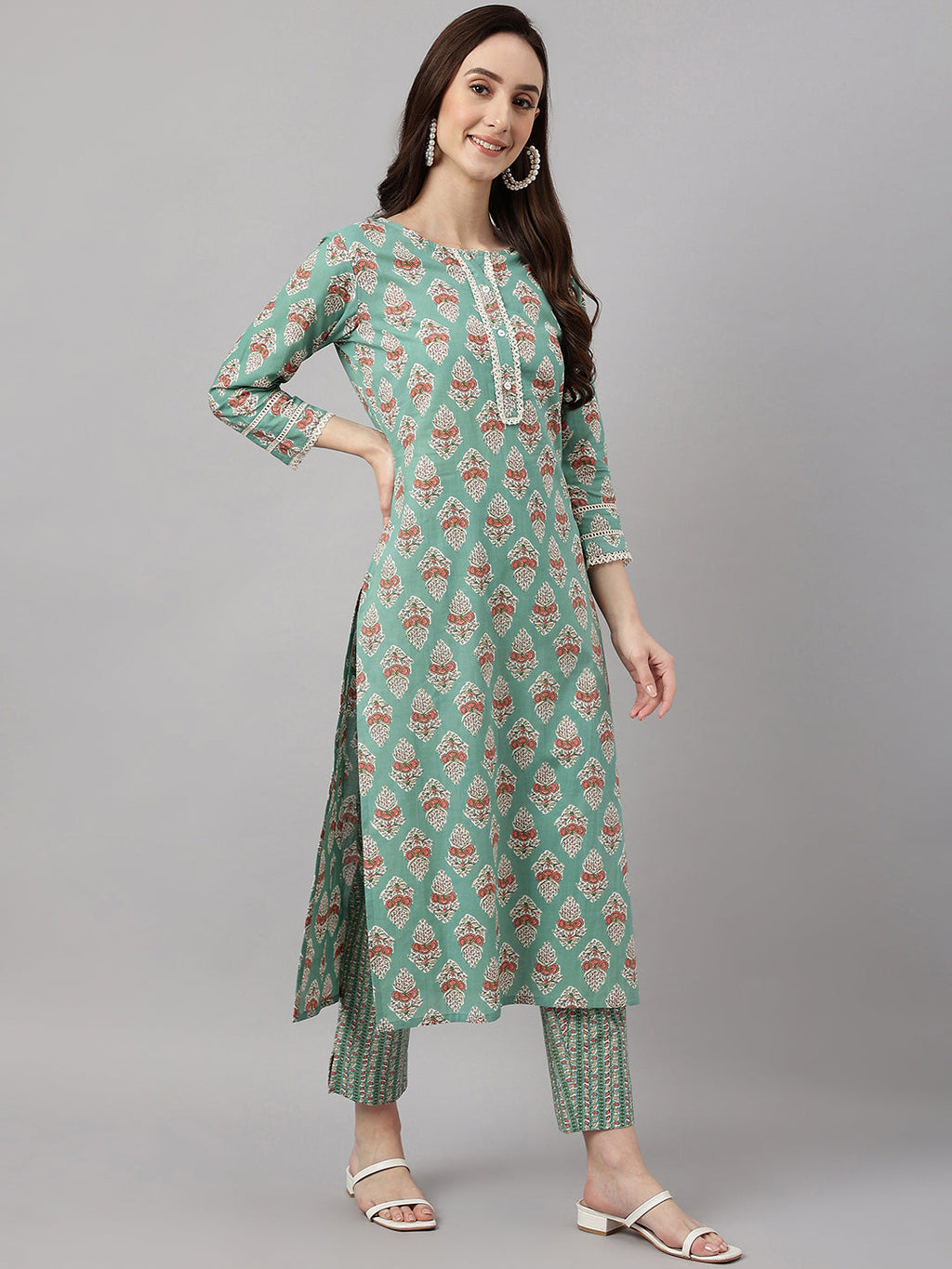 Janasya Women's Mint Green Cotton Floral Printed Straight Casual Kurta Set | Grocsy