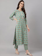 Janasya Women's Mint Green Cotton Floral Printed Straight Casual Kurta Set | Grocsy