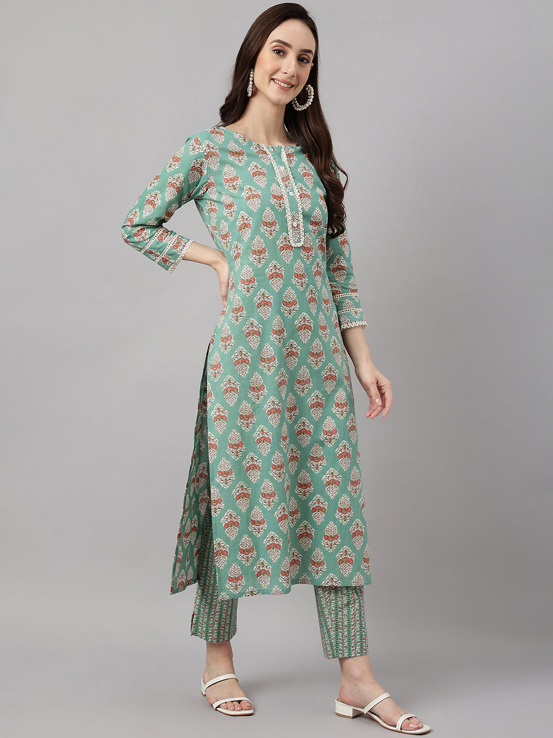 Janasya Women's Mint Green Cotton Floral Printed Straight Casual Kurta Set | Grocsy