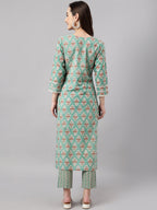 Janasya Women's Mint Green Cotton Floral Printed Straight Casual Kurta Set | Grocsy
