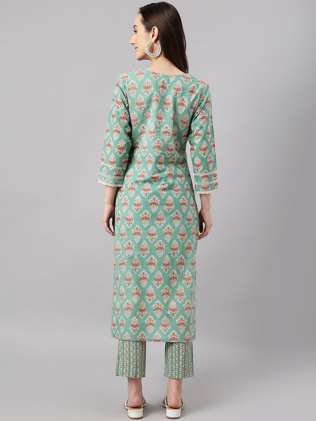 Janasya Women's Mint Green Cotton Floral Printed Straight Casual Kurta Set | Grocsy