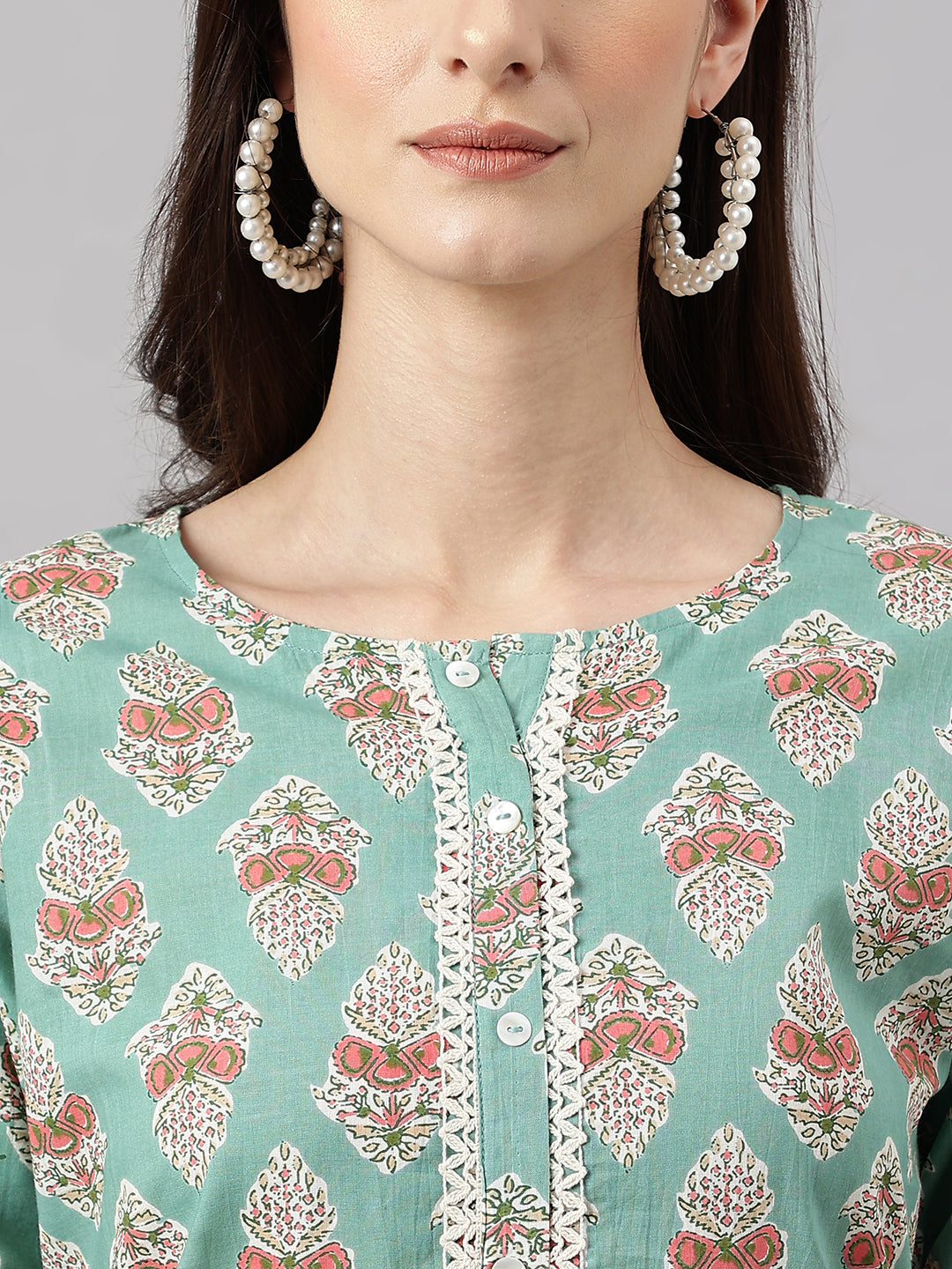 Janasya Women's Mint Green Cotton Floral Printed Straight Casual Kurta Set | Grocsy