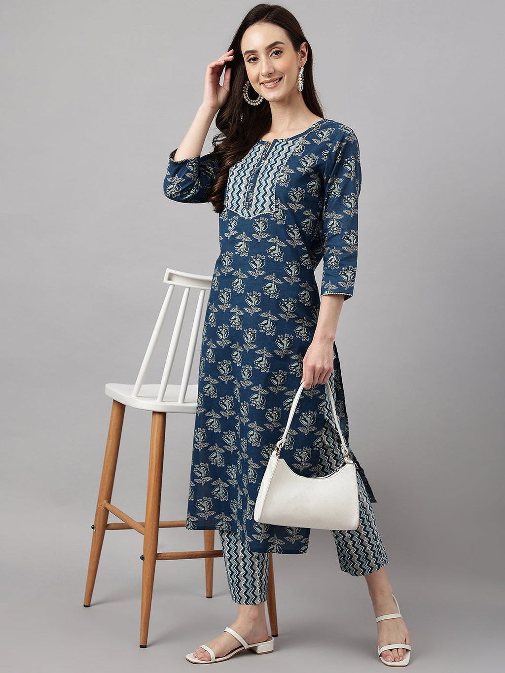 Janasya Women's Blue Cotton Floral Printed Straight Casual Kurta Set | Grocsy