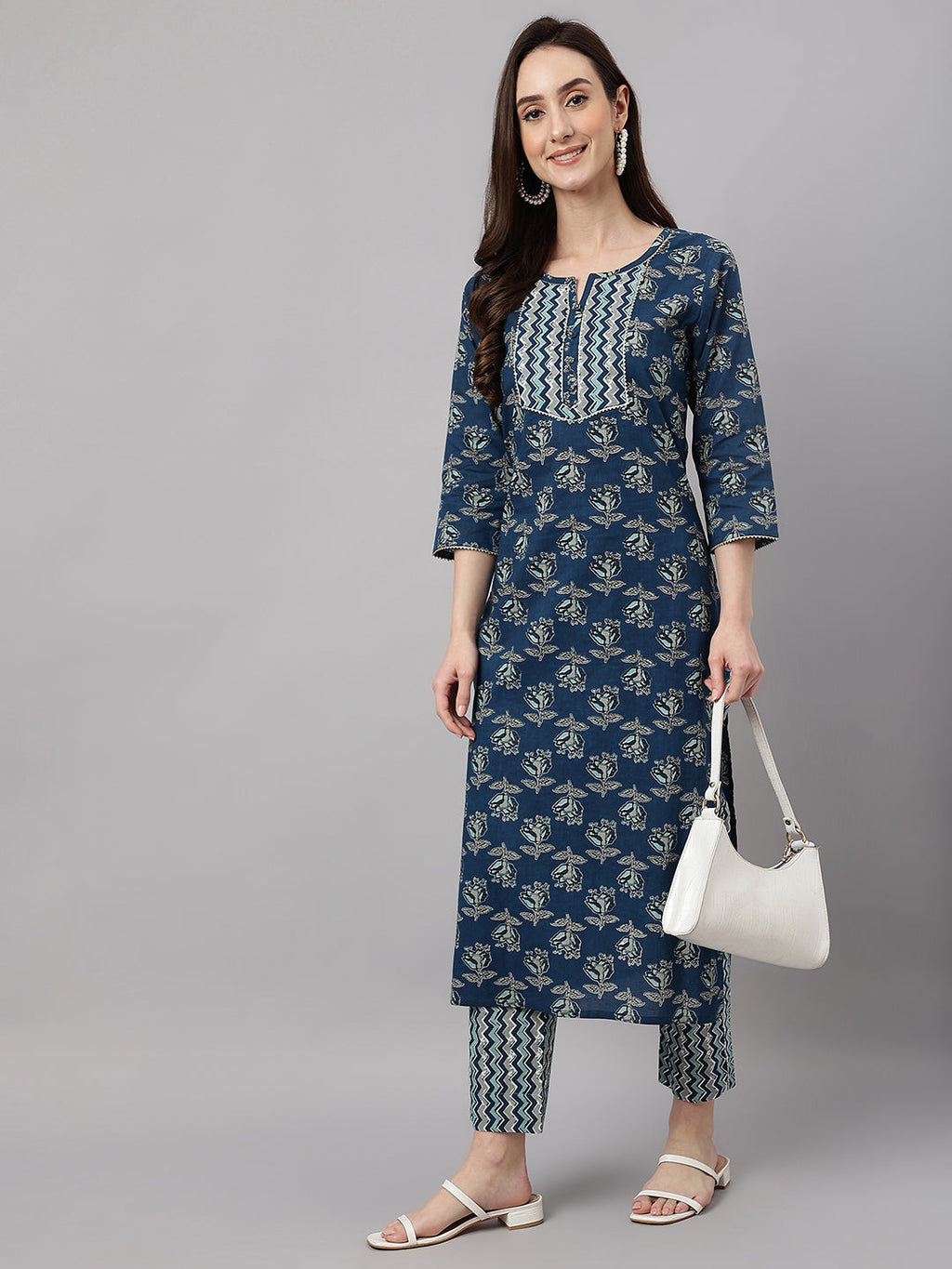 Janasya Women's Blue Cotton Floral Printed Straight Casual Kurta Set | Grocsy