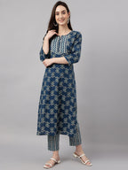 Janasya Women's Blue Cotton Floral Printed Straight Casual Kurta Set | Grocsy
