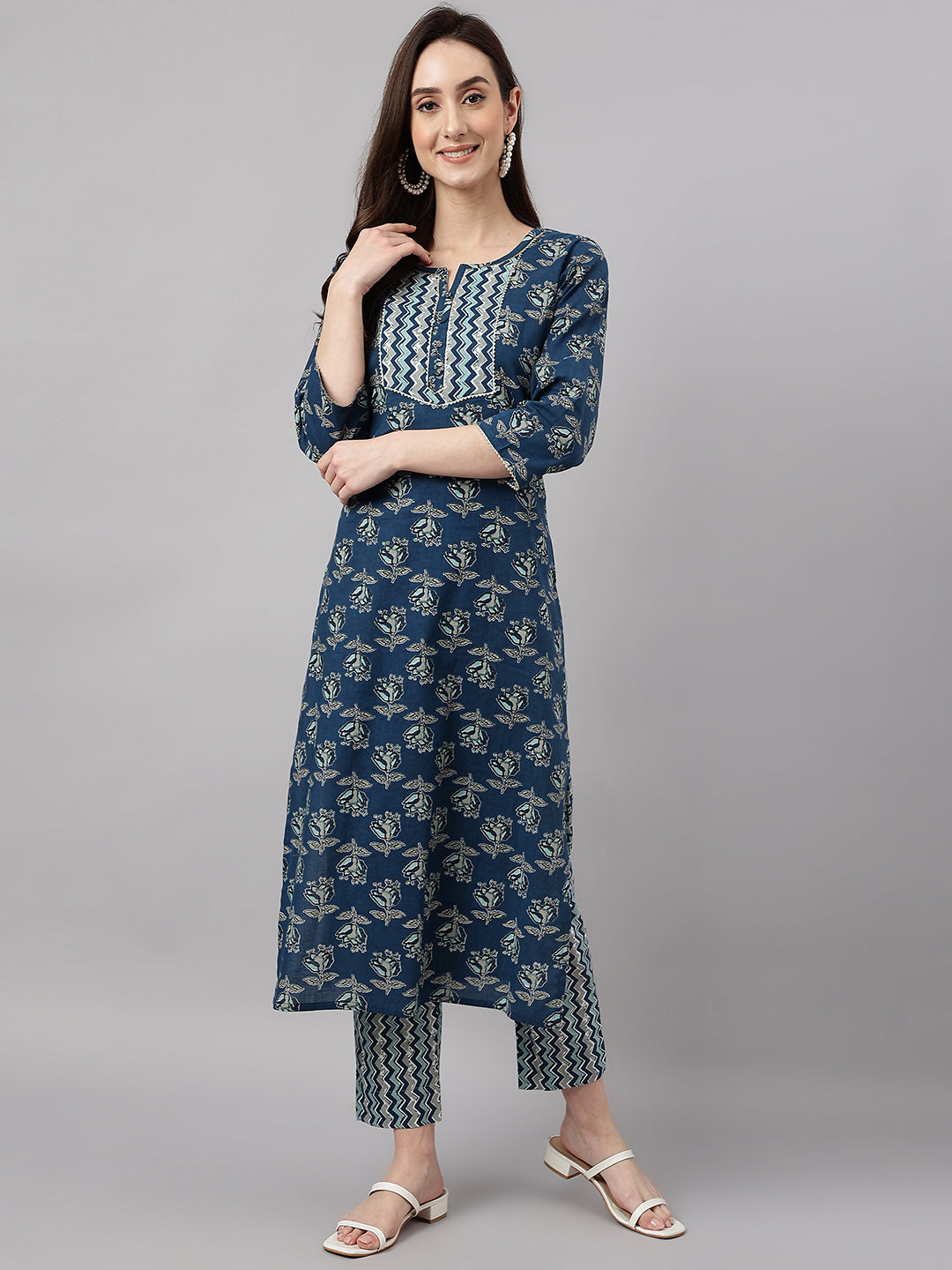 Janasya Women's Blue Cotton Floral Printed Straight Casual Kurta Set | Grocsy