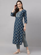 Janasya Women's Blue Cotton Floral Printed Straight Casual Kurta Set | Grocsy