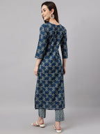 Janasya Women's Blue Cotton Floral Printed Straight Casual Kurta Set | Grocsy