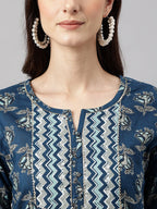 Janasya Women's Blue Cotton Floral Printed Straight Casual Kurta Set | Grocsy