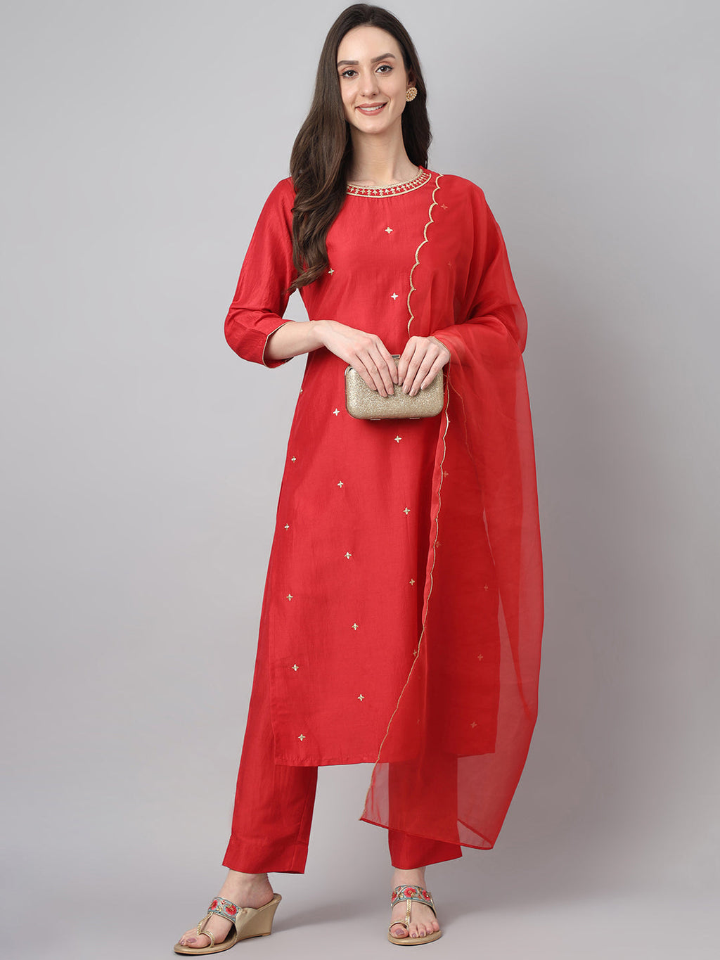 Janasya Women's Red Chinon Solid Straight Festive Kurta Set | Grocsy