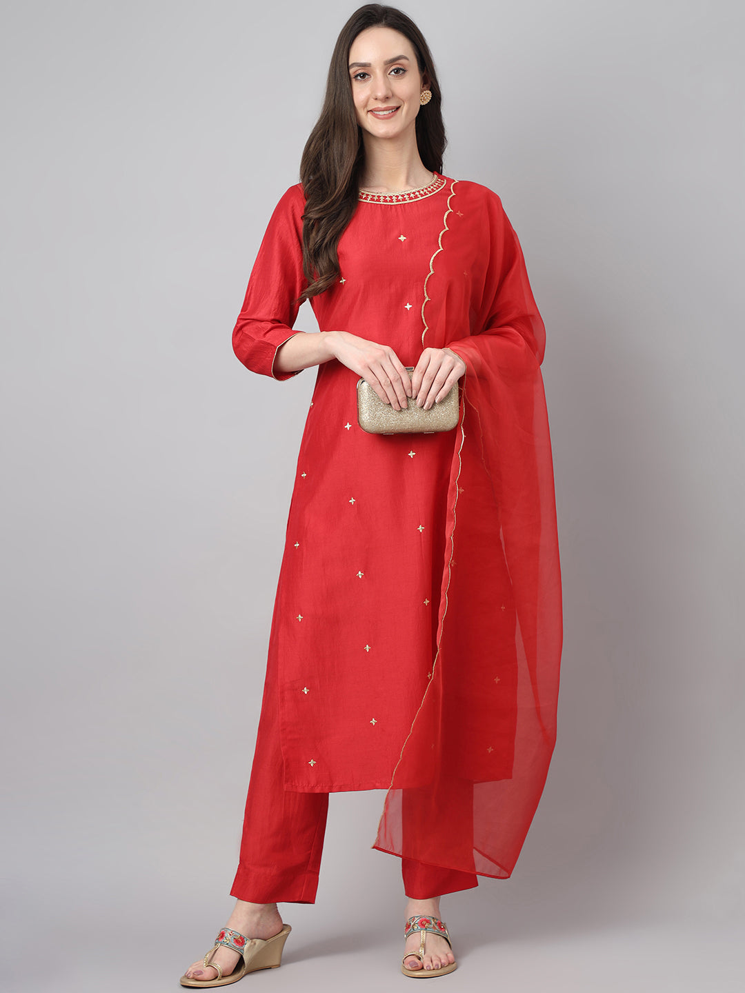 Janasya Women's Red Chinon Solid Straight Festive Kurta Set | Grocsy