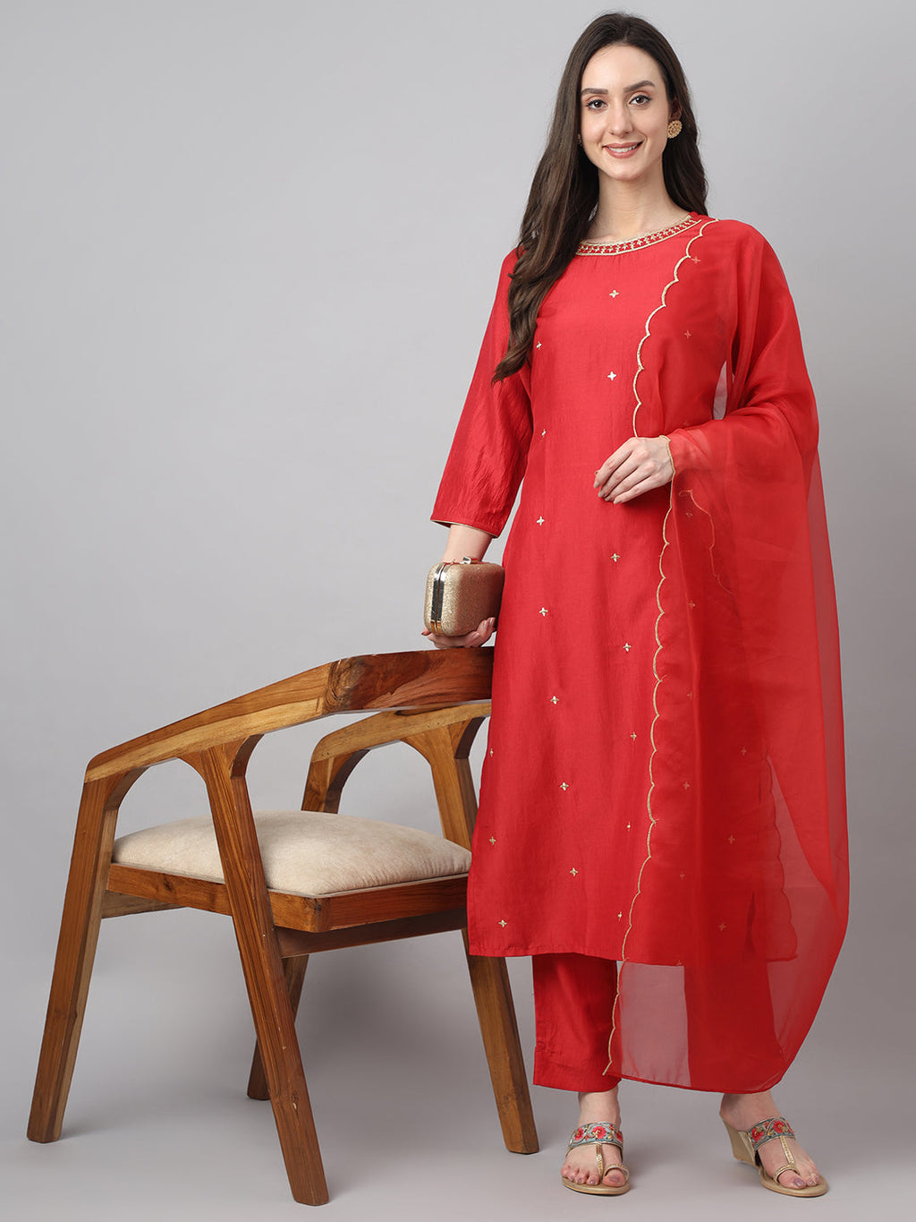 Janasya Women's Red Chinon Solid Straight Festive Kurta Set | Grocsy