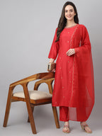 Janasya Women's Red Chinon Solid Straight Festive Kurta Set | Grocsy