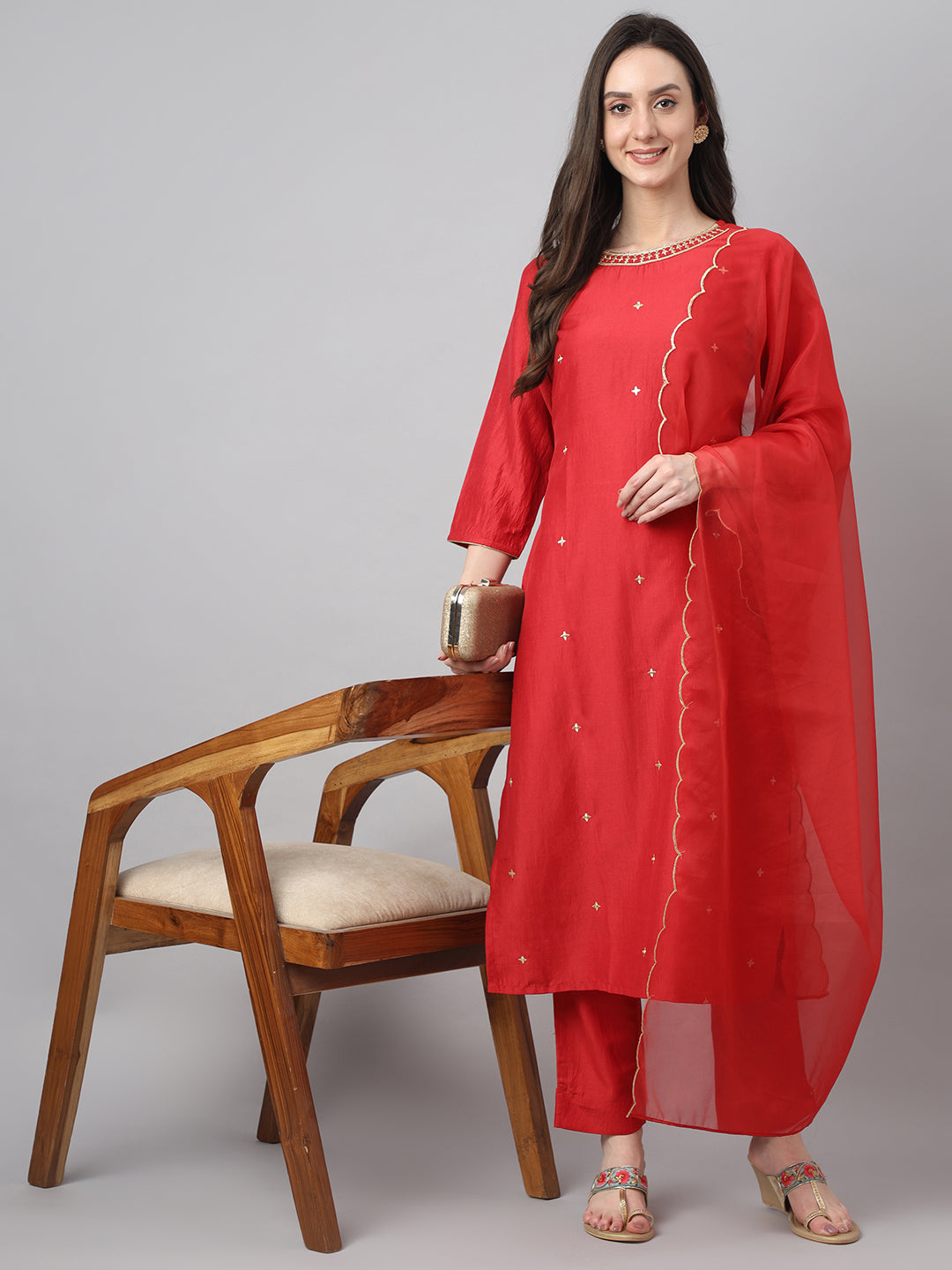 Janasya Women's Red Chinon Solid Straight Festive Kurta Set | Grocsy