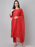 Janasya Women's Red Chinon Solid Straight Festive Kurta Set | Grocsy