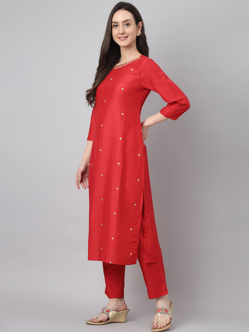 Janasya Women's Red Chinon Solid Straight Festive Kurta Set | Grocsy