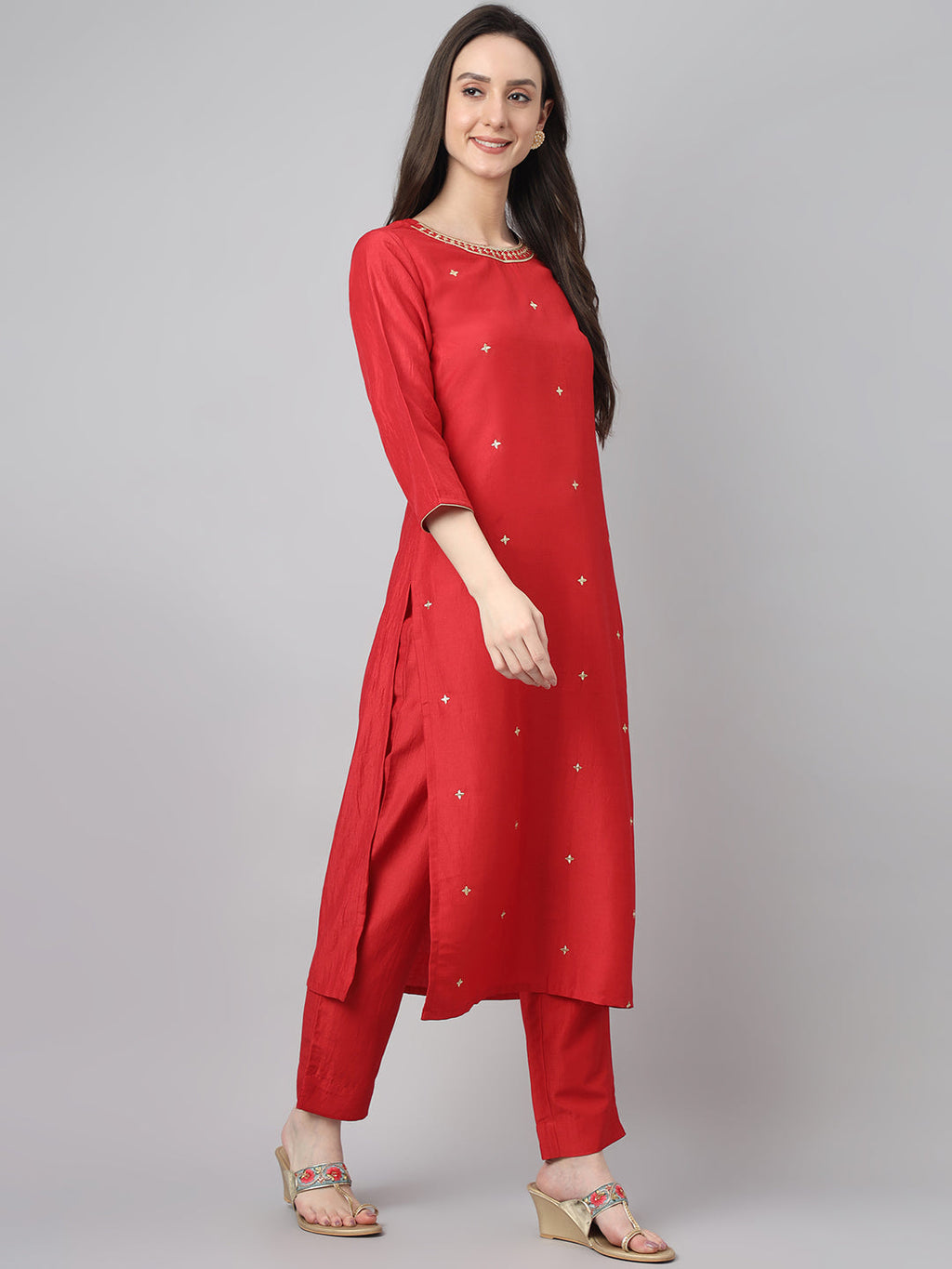Janasya Women's Red Chinon Solid Straight Festive Kurta Set | Grocsy