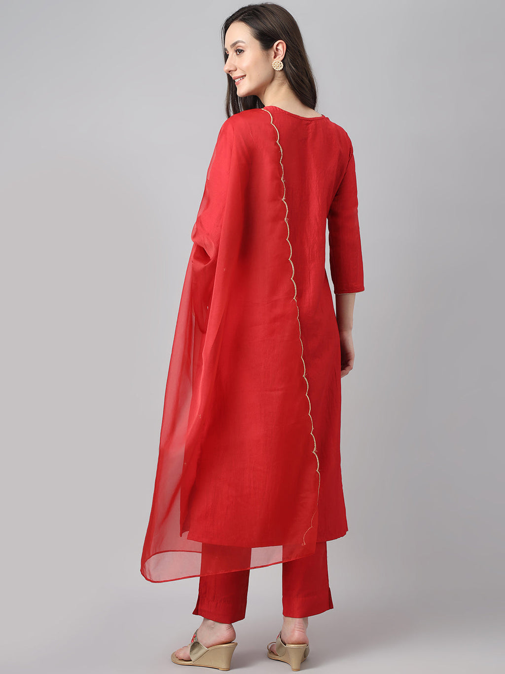 Janasya Women's Red Chinon Solid Straight Festive Kurta Set | Grocsy