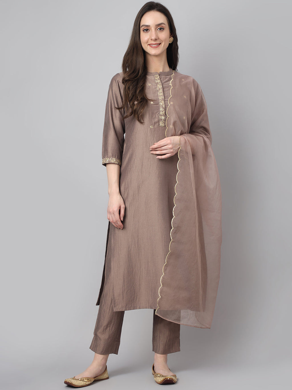 Janasya Women's Brown Chinon Solid Straight Festive Kurta Set | Grocsy