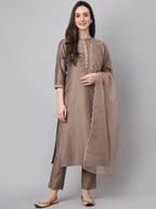 Janasya Women's Brown Chinon Solid Straight Festive Kurta Set | Grocsy