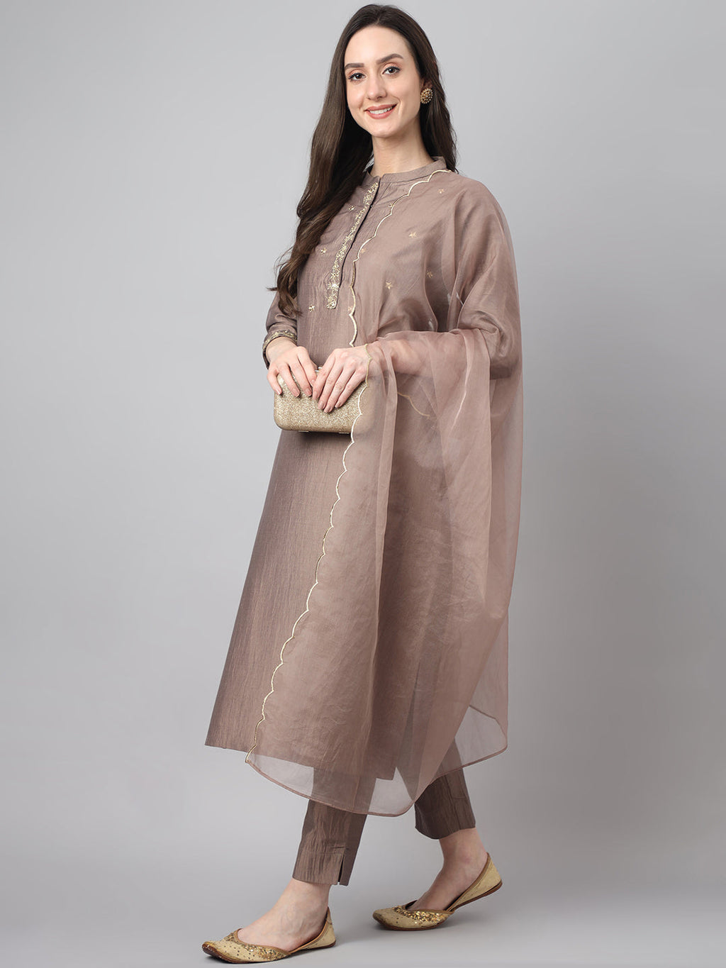 Janasya Women's Brown Chinon Solid Straight Festive Kurta Set | Grocsy