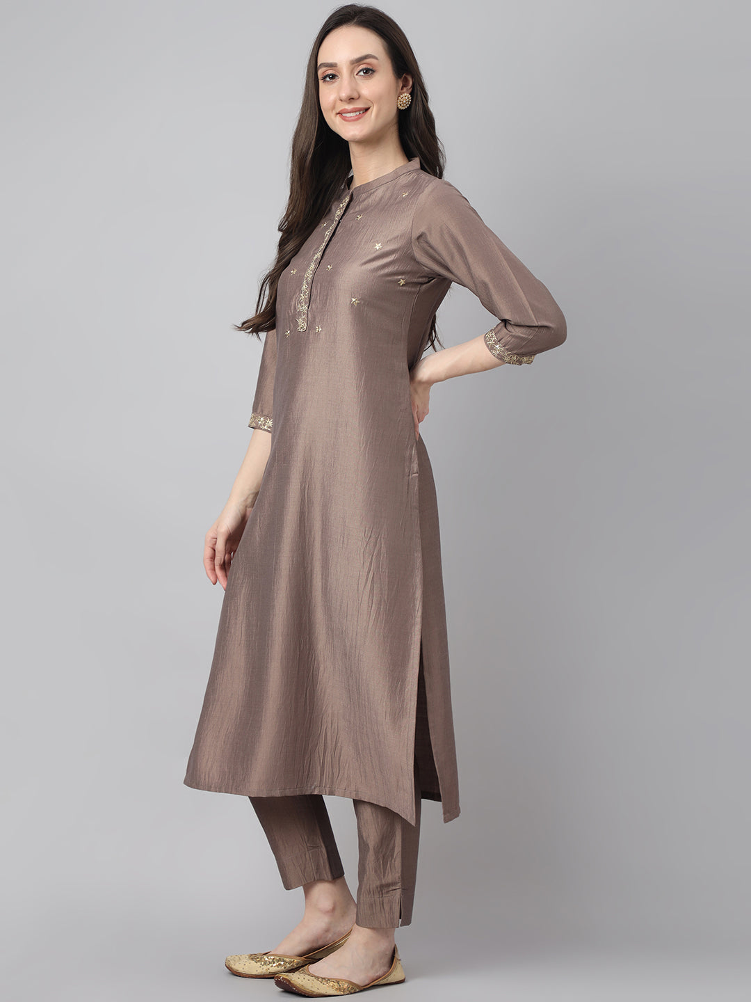 Janasya Women's Brown Chinon Solid Straight Festive Kurta Set | Grocsy